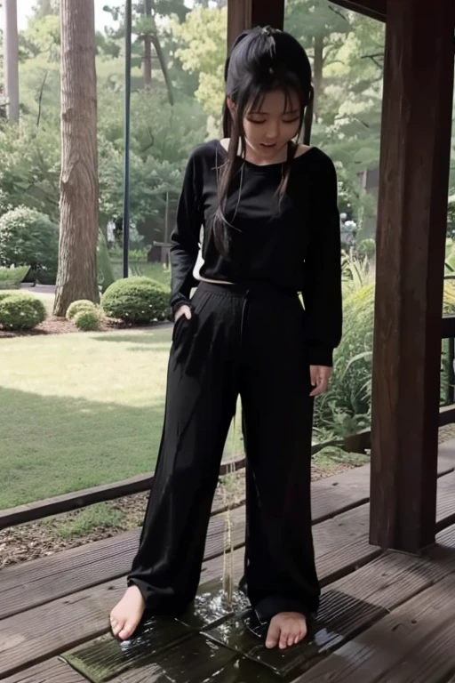 Japanese Girl sees the ghost and pees her black palazzo pants until her pants are wet in fright.