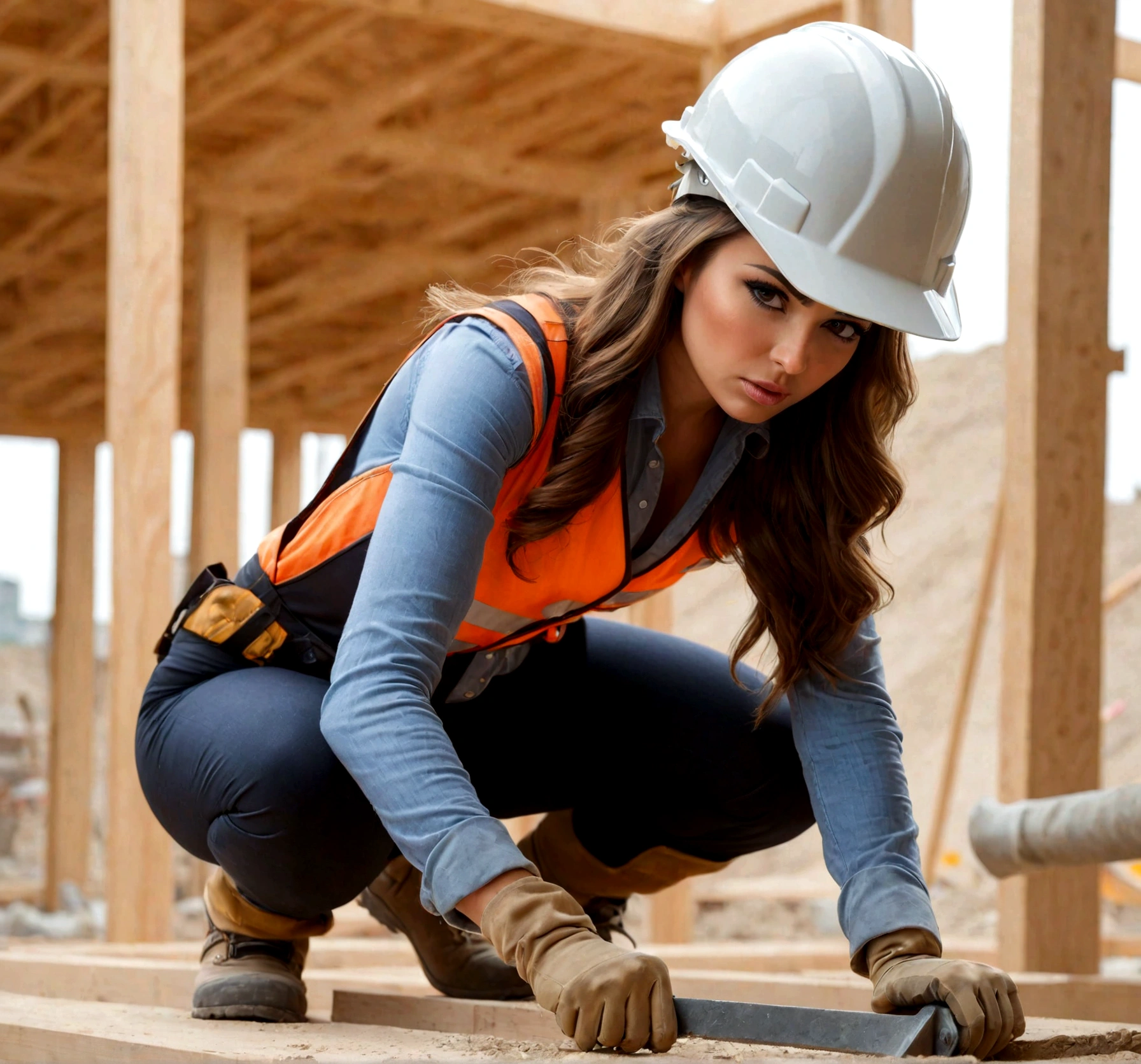 beautiful sexy girl in tight clothes and protective helmet working at a construction site, bent over hammering nails