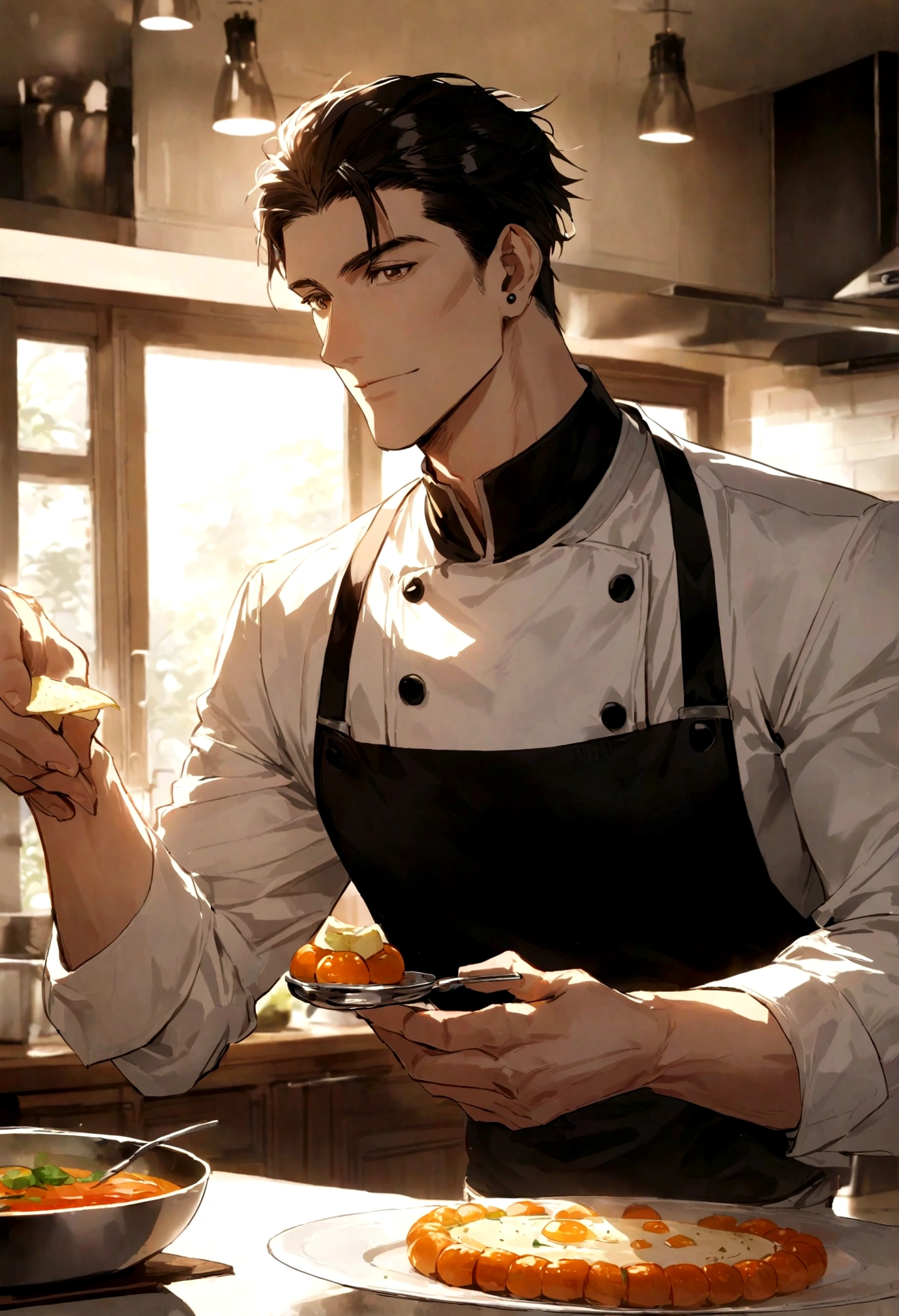 Um chef cozinha sua comida em uma tela de chama aberta, in the style of romantic manga, o grupo de arte das estrelas xing xing, Retratos hiper-realistas, Village nucleus, Havencore, Handsome, Chinapunk ,32k, best quality, master part, Super Detalhe, Detalhes altos