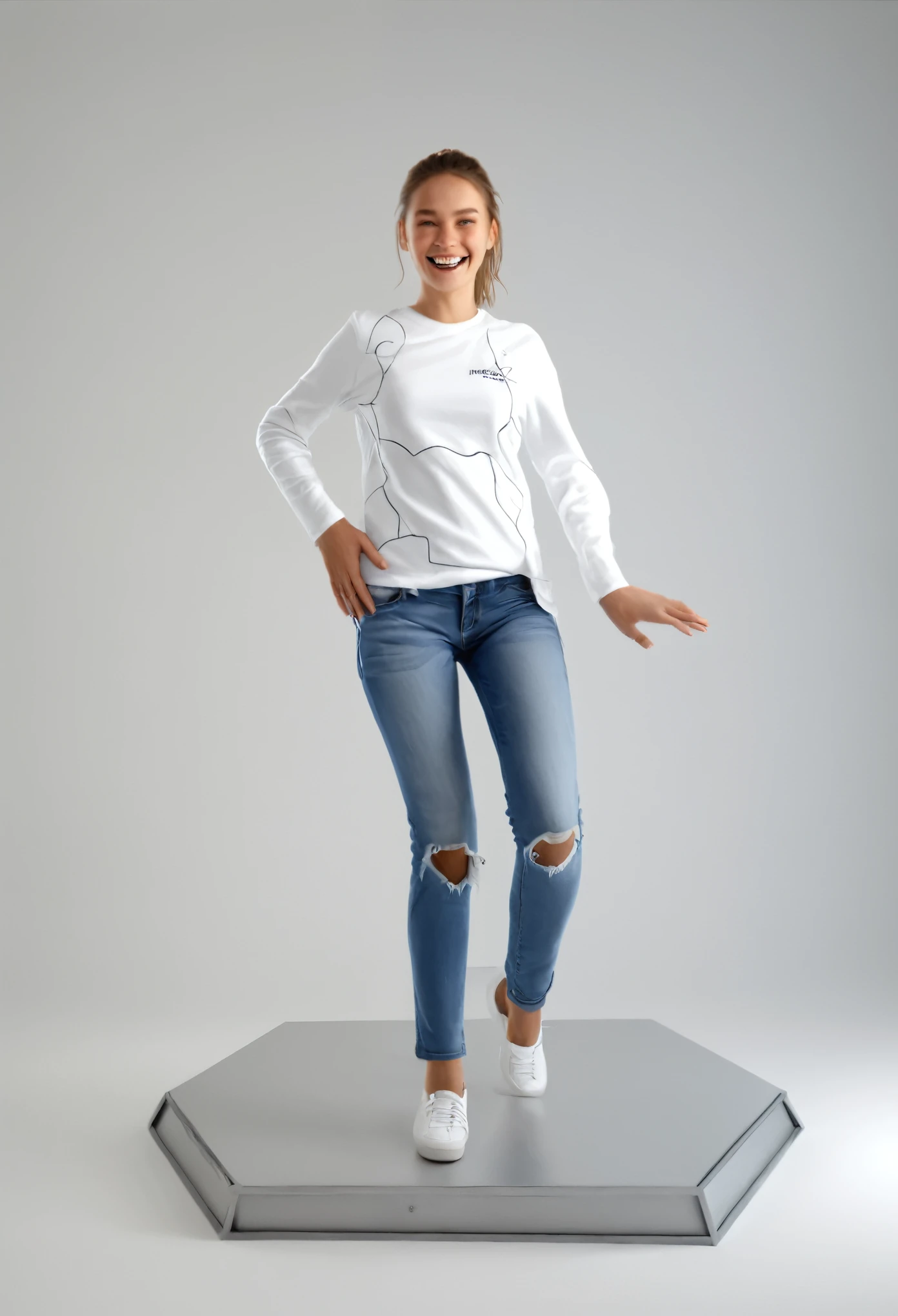 photo realistic, hyperrealist portrait of female, apparel, product picture, there is a female in a white room with a white background, 4k, award winning, 1girl, very detailed faces, happy smile, skin texture, 3/4 pose, neutral pose(highly detailed 1girl)complete detailed body, character is in her natural pose, T-shirts, denim jeans(official clothing)dynamic lighting, volumetric lighting,