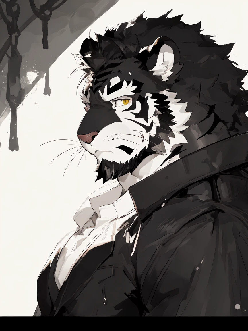 (White skintiger)（A movement）（return）（Group P Group P）,(great gesture),,(The background is dark, Damp and gloomy dungeon.:1.5),(Abdominal muscles),heroic飒爽,完美的masterpiece,Various facial details,Close-up view,specific description,masterpiece,(CG),(Golden Eyes),black and white pattern,Black and white tail,,heroic,tiger,Black and white fur，Specific facial details,Half Body,(Chang Ling),((middle aged)),(Face focus),(16K),(HD),Black and white belly，beard,(Facial lines),(Heterochromia,),(Black and white hair),(Strong:1.2),(muscle:1.3),(high resolution:1.3),(close up),(Delicate face:1.5)，Perfect details,,(Detailed depiction of face:1.5),(Zoom in on the face:1.5),(白色Facial lines:1.2),(黑色beard:1.3),(white face:1.6),(White body),(White skin,black bars:1.3)