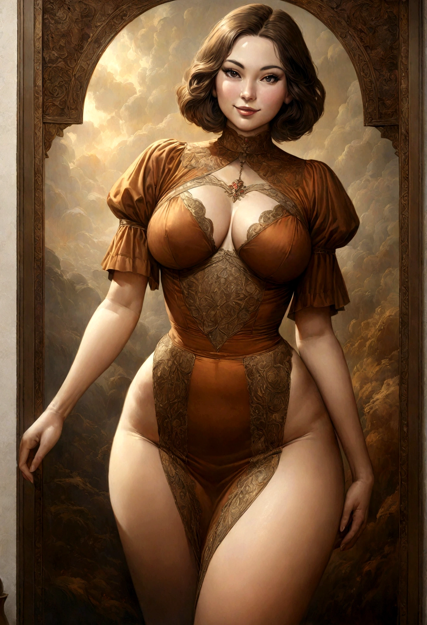 a curvy, thick, native woman with a huge butt, wide hips, and slim waist, smiling seductively in a 1920s vintage poster style, detailed facial features, photorealistic, high quality, intricate details, oil painting, dramatic lighting, warm colors