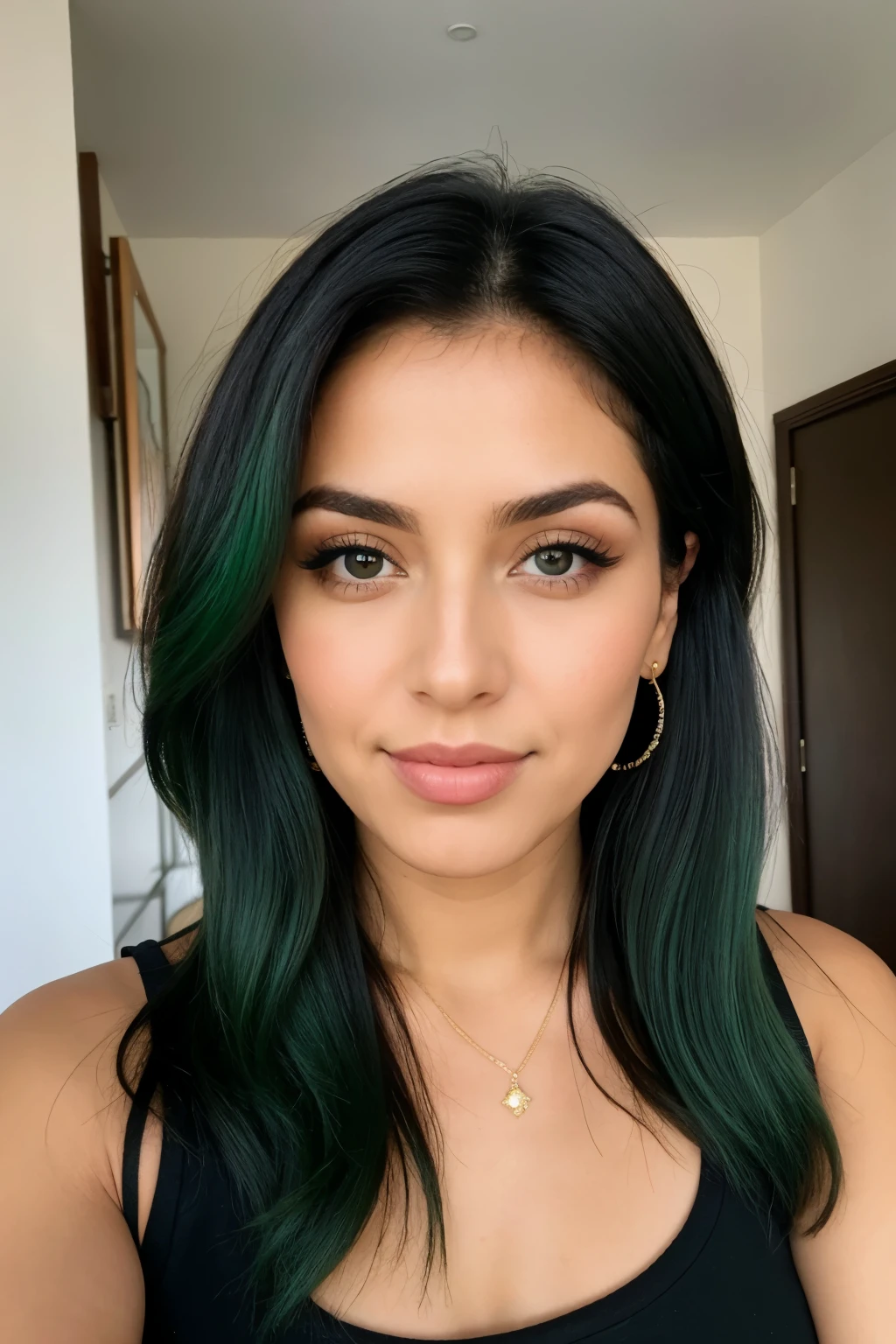 mujer delgada ojos verde esmeralda cadera un poco ancha senos medios cabello rizado corto 
