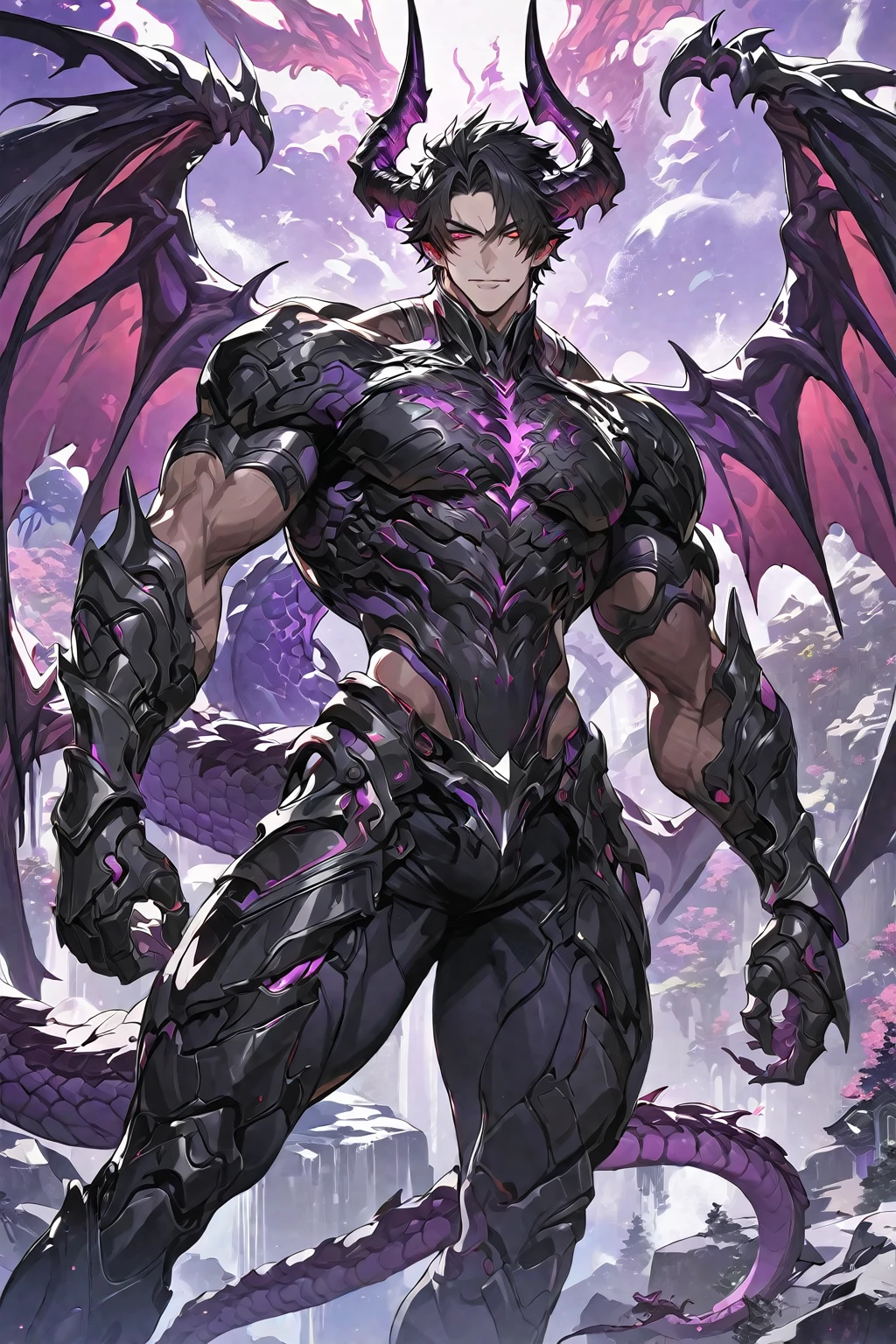 Best quality 8K resolution, Highly detailed, Digital Painting, Concept art, of the highest quality, One, beautiful, 1 man, adult man, with a sporty body, V-shaped body, black detailed armor with glowing purple details, black demonic horns, with large and long dragon wings, short hair, black hair, purple with red tones reptile eyes, purple threads, black light