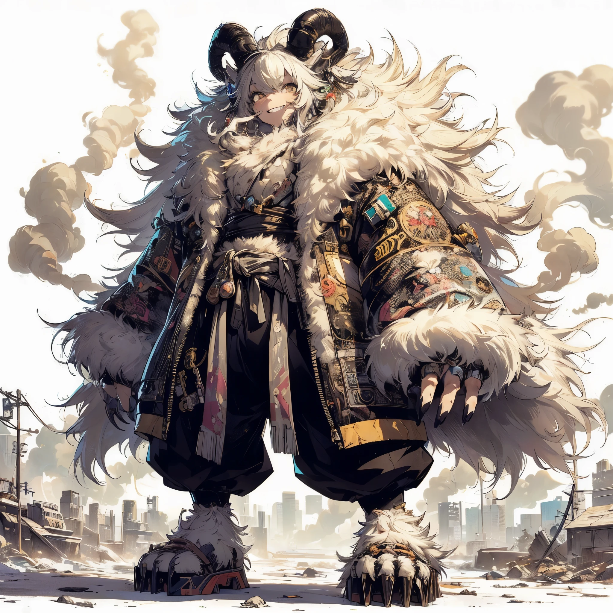 (Masterpiece, Top Quality), (Fine Hair), Ultra-Detailed, Anime Style, Solo, Full Length, Concept Art, cute cyberpunk beasty lady, massive, SMILING-JAGGED-TEETH, WHITE SHAGGY HAIR. wearing fur coat and cyber- KIMONO. smokes. cyber horned, wearing iron clogs, White background, standing full length, standing on wasted earth,