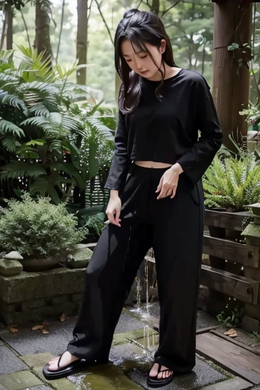 Japanese Girl sees the ghost and pees her black palazzo pants until her pants are wet in fright.