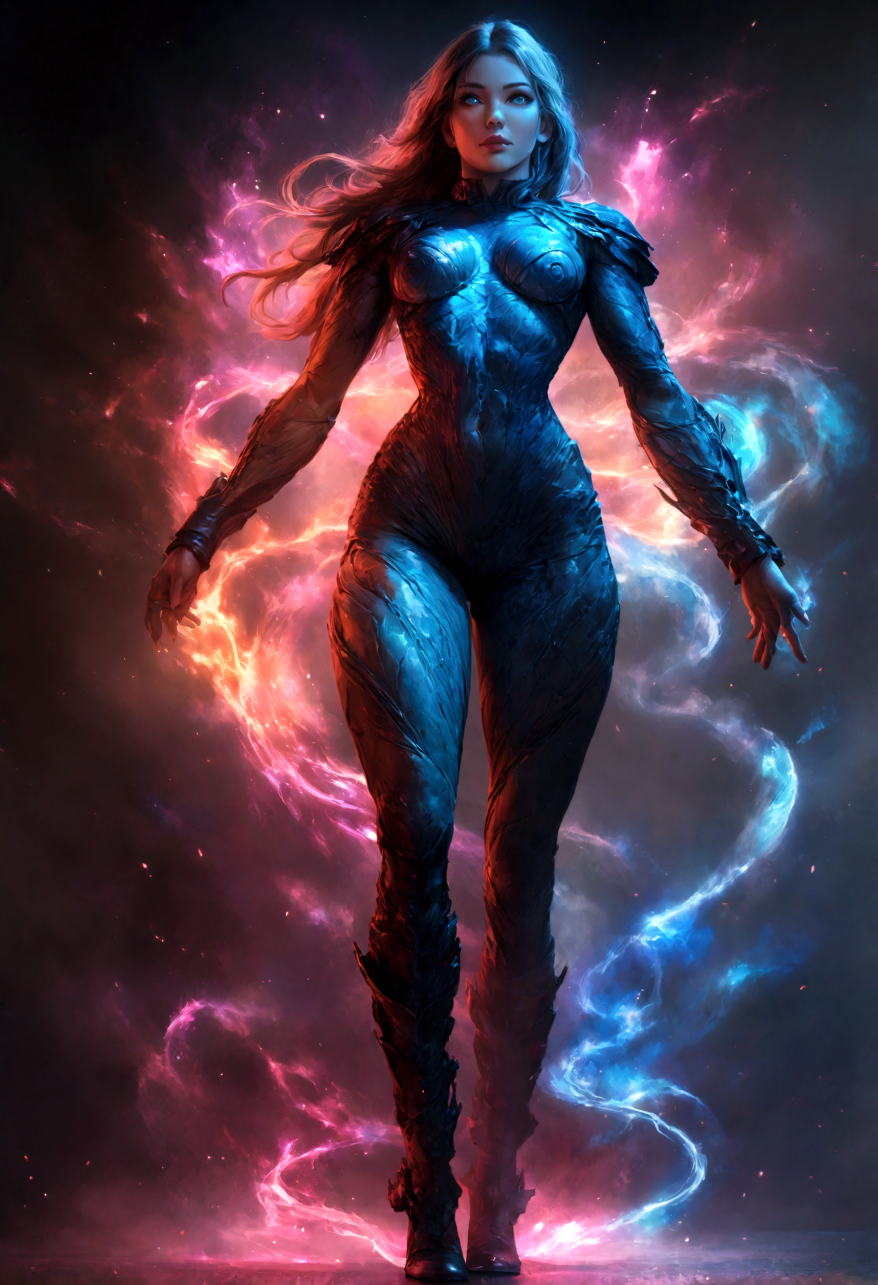 Create an extremely muscular blue-green skinned woman