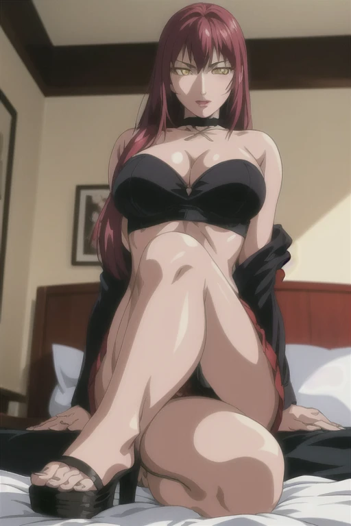 masterpiece, best quality, highres, 1 girls, hirokotakashiro, micro ruffle skirt, black off shoulder crop top , bedroom, full body shot, (smug:0.3), looking at viewer, focus solo, pose, crossing legs, mature, flip flops, detailed feet, busty, cleavage, redhead, seductive, dangling shoes, red eyeshadow, glossy lips, black choker, long hair, sitting on bed, complete body, seducing, yellow eyes, kneeling,