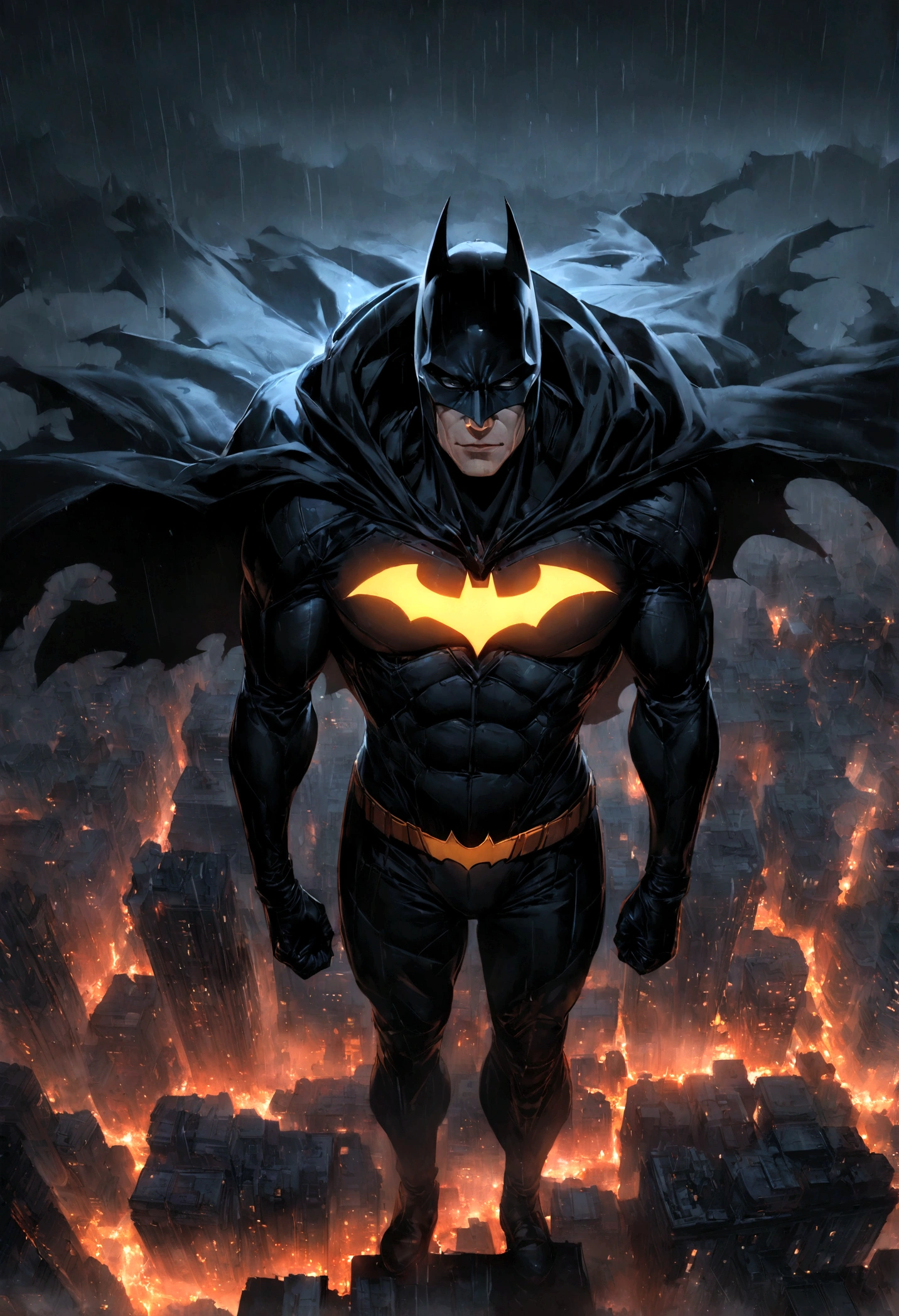 A rainy, dark sky background with Gotham City and Batman flying in the air, wearing his iconic costume and cape. The details of Batman should include a muscular physique, with a stern and determined expression on his face. His eyes should be intense and his jawline sharp. The rain should be depicted with droplets falling from the sky, creating a moody atmosphere. The cityscape of Gotham should be filled with tall buildings, dimly lit with neon signs and flickering streetlights. The colors should be muted and desaturated, giving a somber and mysterious feel. The lighting should be dramatic, with shadows cast by the buildings and illuminated by flashes of lightning in the sky. The overall image quality should be of the highest caliber, with ultra-detailed rendering and sharp focus on Batman and the cityscape. The art style should be a combination of concept art and realistic, giving a gritty and immersive feel. The color tones should lean towards cool blues and grays, enhancing the dark and gloomy atmosphere. Generate it in 16:9