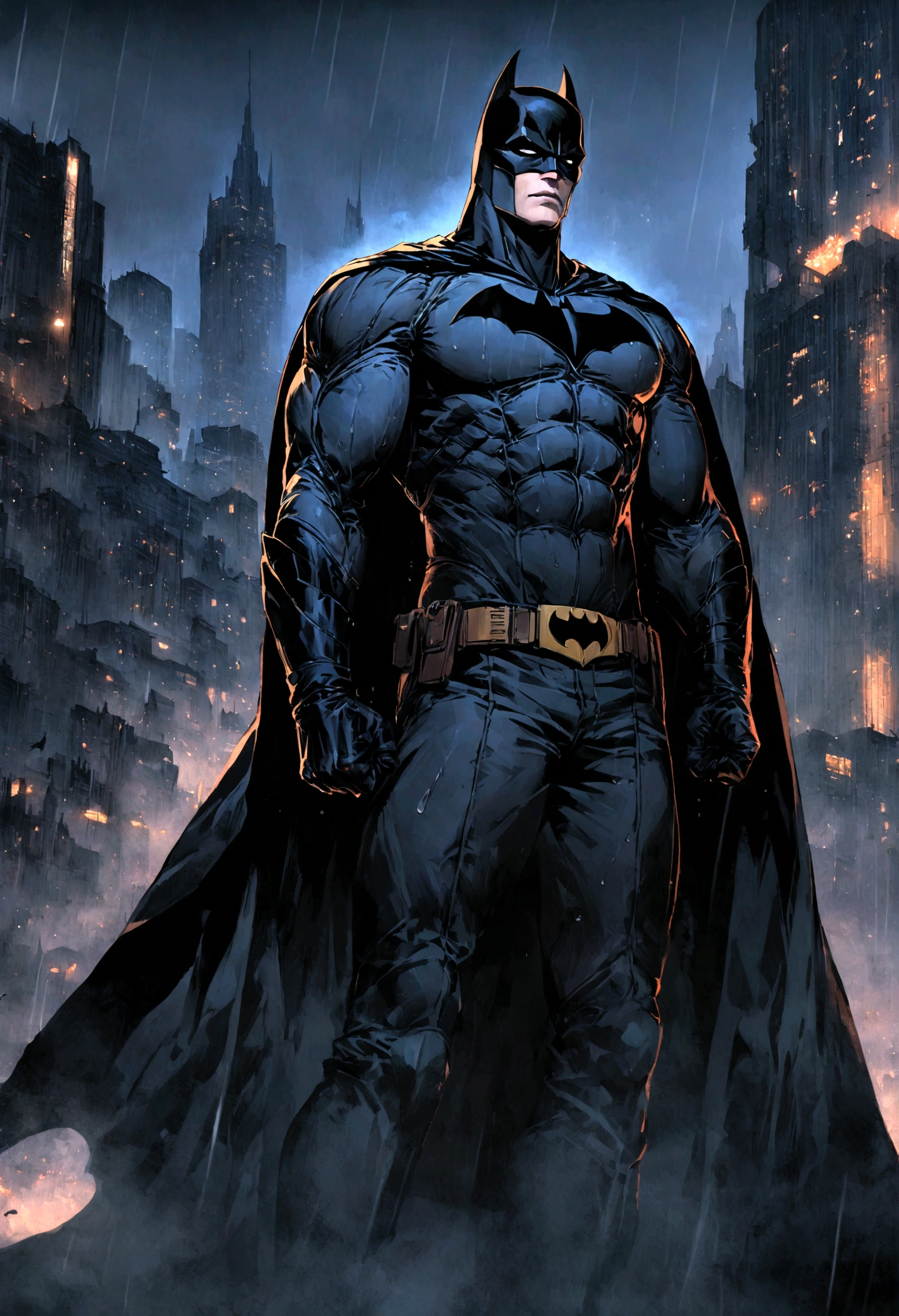 A rainy, dark sky background with Gotham City and Batman flying in the air, wearing his iconic costume and cape. The details of Batman should include a muscular physique, with a stern and determined expression on his face. His eyes should be intense and his jawline sharp. The rain should be depicted with droplets falling from the sky, creating a moody atmosphere. The cityscape of Gotham should be filled with tall buildings, dimly lit with neon signs and flickering streetlights. The colors should be muted and desaturated, giving a somber and mysterious feel. The lighting should be dramatic, with shadows cast by the buildings and illuminated by flashes of lightning in the sky. The overall image quality should be of the highest caliber, with ultra-detailed rendering and sharp focus on Batman and the cityscape. The art style should be a combination of concept art and realistic, giving a gritty and immersive feel. The color tones should lean towards cool blues and grays, enhancing the dark and gloomy atmosphere. Generate it in 16:9
