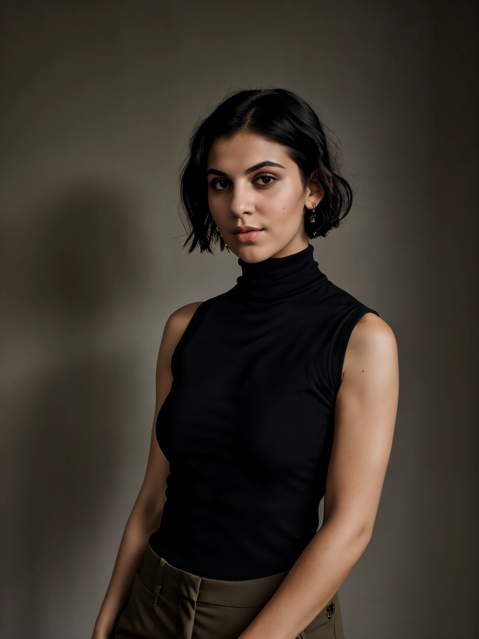 analog raw candid photo of a beautiful young Greek woman, realistic skin texture, black bob messy hair, slim, (closed mouth:1.1), (((black sleeveless cropped turtleneck with khaki pants))), studio lighting, studio portrait, 35mm, perfect proportion, three-quarter body portrait, model pose, dynamic pose