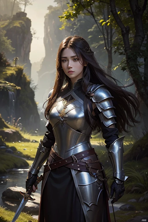 A beautiful female warrior, highly detailed, detailed facial features, intense gaze, long flowing hair, leather armor, holding a sword, standing in a mystical forest, dramatic lighting, cinematic composition, rich colors, fantasy art style, photorealistic, best quality, 8k, masterpiece
