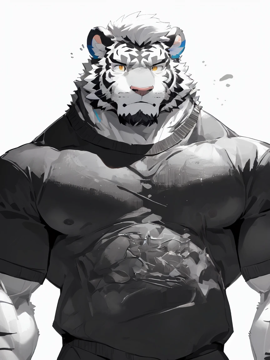 (White skintiger)（A movement）（return）（Group P Group P）,(great gesture),,(The background is dark, Damp and gloomy dungeon.:1.5),(Abdominal muscles),heroic飒爽,完美的masterpiece,Various facial details,Close-up view,specific description,masterpiece,(CG),(Golden Eyes),black and white pattern,Black and white tail,,heroic,tiger,Black and white fur，Specific facial details,Half Body,(Chang Ling),((middle aged)),(Face focus),(16K),(HD),Black and white belly，beard,(Facial lines),(Heterochromia,),(Black and white hair),(Strong:1.2),(muscle:1.3),(high resolution:1.3),(close up),(Delicate face:1.5)，Perfect details,,(Detailed depiction of face:1.5),(Zoom in on the face:1.5),(白色Facial lines:1.2),(黑色beard:1.3),(white face:1.6),(White body),(White skin,black bars:1.3)No clothes