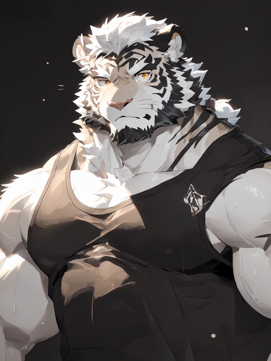 (White skintiger)（A movement）（return）（Group P Group P）,(great gesture),,(The background is dark, Damp and gloomy dungeon.:1.5),(Abdominal muscles),heroic飒爽,完美的masterpiece,Various facial details,Close-up view,specific description,masterpiece,(CG),(Golden Eyes),black and white pattern,Black and white tail,,heroic,tiger,Black and white fur，Specific facial details,Half Body,(Chang Ling),((middle aged)),(Face focus),(16K),(HD),Black and white belly，beard,(Facial lines),(Heterochromia,),(Black and white hair),(Strong:1.2),(muscle:1.3),(high resolution:1.3),(close up),(Delicate face:1.5)，Perfect details,,(Detailed depiction of face:1.5),(Zoom in on the face:1.5),(白色Facial lines:1.2),(黑色beard:1.3),(white face:1.6),(White body),(White skin,black bars:1.3)No clothes