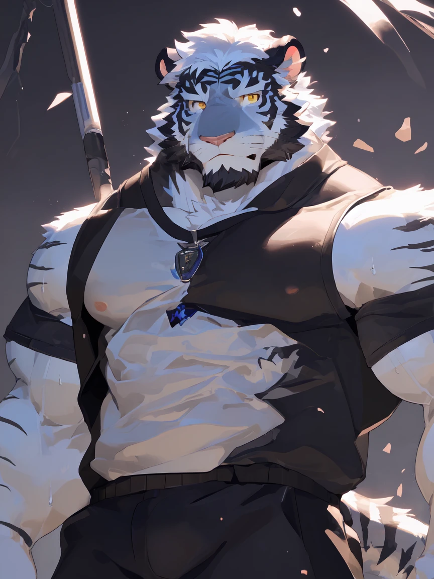 (White skintiger)（A movement）（return）（Group P Group P）,(great gesture),,(The background is dark, Damp and gloomy dungeon.:1.5),(Abdominal muscles),heroic飒爽,完美的masterpiece,Various facial details,Close-up view,specific description,masterpiece,(CG),(Golden Eyes),black and white pattern,Black and white tail,,heroic,tiger,Black and white fur，Specific facial details,Half Body,(Chang Ling),((middle aged)),(Face focus),(16K),(HD),Black and white belly，beard,(Facial lines),(Heterochromia,),(Black and white hair),(Strong:1.2),(muscle:1.3),(high resolution:1.3),(close up),(Delicate face:1.5)，Perfect details,,(Detailed depiction of face:1.5),(Zoom in on the face:1.5),(白色Facial lines:1.2),(黑色beard:1.3),(white face:1.6),(White body),(White skin,black bars:1.3)No clothes