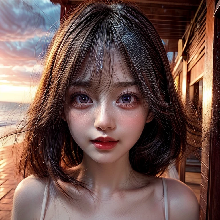 (Acutance:0.85), Masterpiece of 8K Ultra-detailed, (RAW photorealistic:1.37), Tiny girl wearing tube-top dress、Tropical Beach、evening、Stroll along the beach、(Gazing at the sunset, colorful sky)、(Orange rays illuminating face, close-up:1.4), Gust of wind . (((Extremely detailed NOGIZAKA face))), perfect anatomy, Childish, captivating gaze, elaborate detailed Eyes with (sparkling highlights:1.3), long eyelashes、Glossy RED Lips with beautiful details, Coquettish tongue, Rosy cheeks, ((Radiant natural skin) with clear transparency) . { (Dynamic joyful expressions) | (:d) }, (Light Particle;1.25, God rays), (no Large eyes).