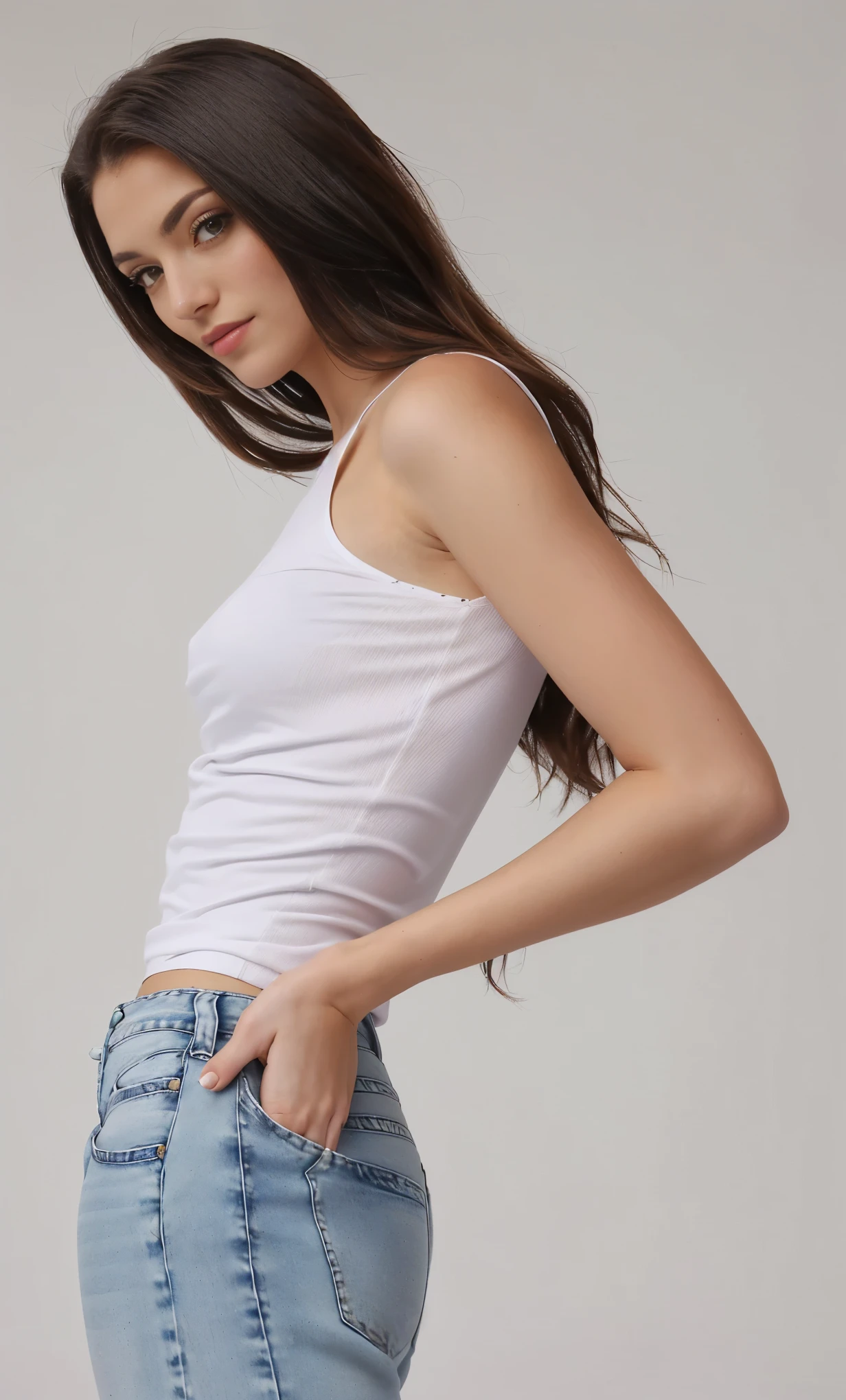 a woman in a top branco and jeans posing for a picture, top branco, Topo branco, vestindo regata, top branco, regata longa branca, camisa apertada, Regata justa, vestindo uma regata, wearing camisa apertada, vestindo collant branco, usando um top cropped sexy, corte superior, vestindo camisola branca