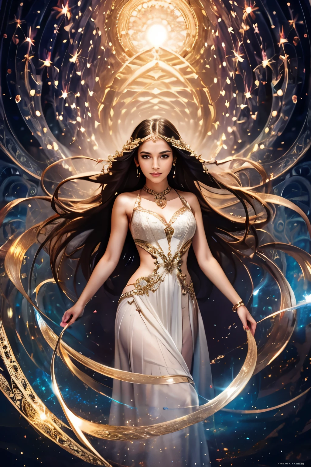 (masterpiece, top quality, best quality, official art, beautiful and aesthetic:1.2), (1girl:1.3), (fractal art:1.3), detailed intricate fractal patterns, complex mathematical structures, organic and flowing shapes, vibrant colors, ethereal atmosphere, elegant pose, serene expression, delicate facial features, long flowing hair, detailed dress, beautiful lighting, cinematic composition, photorealistic, hyper detailed, 8k, award winning