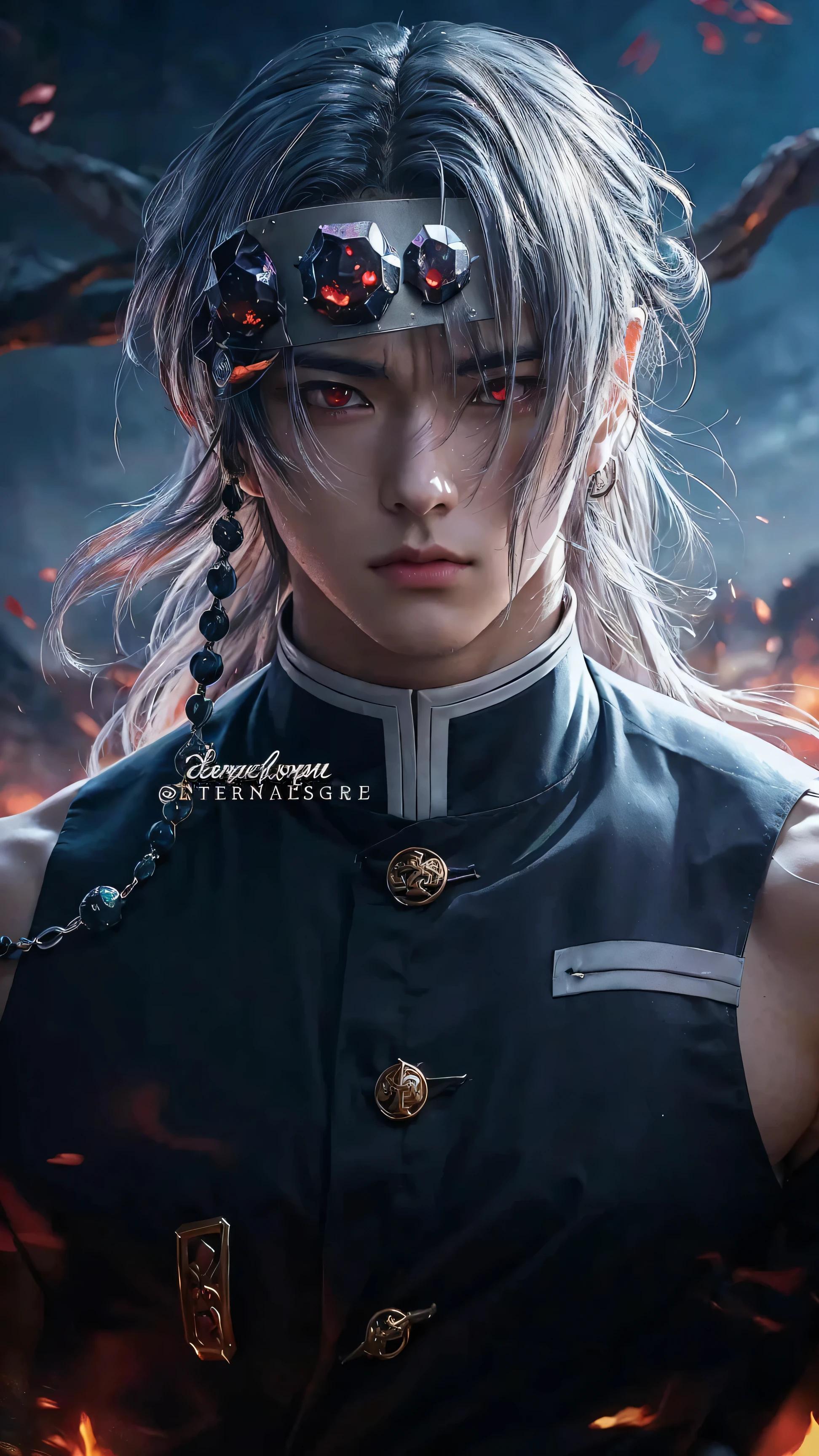 Close-up of a person with fire in his eyes, handsome guy in demon slayer art, Anime character, male Anime character, detailed Anime character art, Handsome Japanese demon boy, stunning anime face portrait, Anime character; Full body art, By Ren Renfa, Detailed digital anime art, Beautiful avatars, The white-haired god, Anime style character, Male anime style