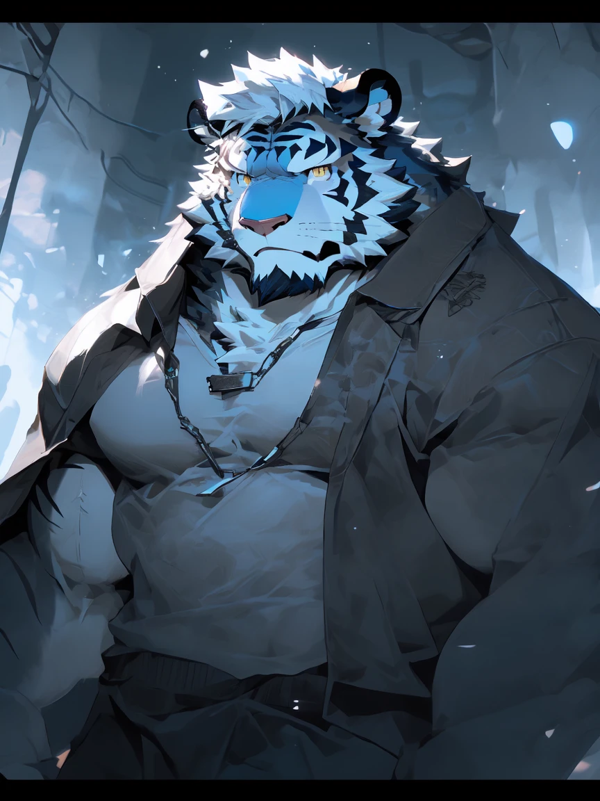 (White skintiger)（A movement）（return）（Group P Group P）,(great gesture),,(The background is dark, Damp and gloomy dungeon.:1.5),(Abdominal muscles),heroic飒爽,完美的masterpiece,Various facial details,Close-up view,specific description,masterpiece,(CG),(Golden Eyes),black and white pattern,Black and white tail,,heroic,tiger,Black and white fur，Specific facial details,Half Body,(Chang Ling),((middle aged)),(Face focus),(16K),(HD),Black and white belly，beard,(Facial lines),(Heterochromia,),(Black and white hair),(Strong:1.2),(muscle:1.3),(high resolution:1.3),(close up),(Delicate face:1.5)，Perfect details,,(Detailed depiction of face:1.5),(Zoom in on the face:1.5),(白色Facial lines:1.2),(黑色beard:1.3),(white face:1.6),(White body),(White skin,black bars:1.3)