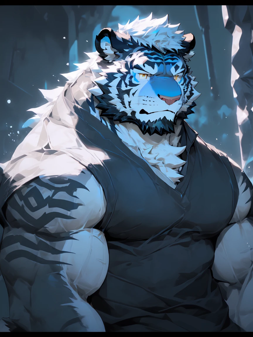 (White skintiger)（A movement）（return）（Group P Group P）,(great gesture),,(The background is dark, Damp and gloomy dungeon.:1.5),(Abdominal muscles),heroic飒爽,完美的masterpiece,Various facial details,Close-up view,specific description,masterpiece,(CG),(Golden Eyes),black and white pattern,Black and white tail,,heroic,tiger,Black and white fur，Specific facial details,Half Body,(Chang Ling),((middle aged)),(Face focus),(16K),(HD),Black and white belly，beard,(Facial lines),(Heterochromia,),(Black and white hair),(Strong:1.2),(muscle:1.3),(high resolution:1.3),(close up),(Delicate face:1.5)，Perfect details,,(Detailed depiction of face:1.5),(Zoom in on the face:1.5),(白色Facial lines:1.2),(黑色beard:1.3),(white face:1.6),(White body),(White skin,black bars:1.3)