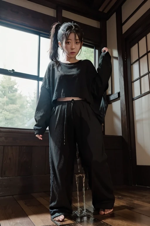 Japanese Girl sees the ghost and pees her black palazzo pants until her pants are wet in fright.