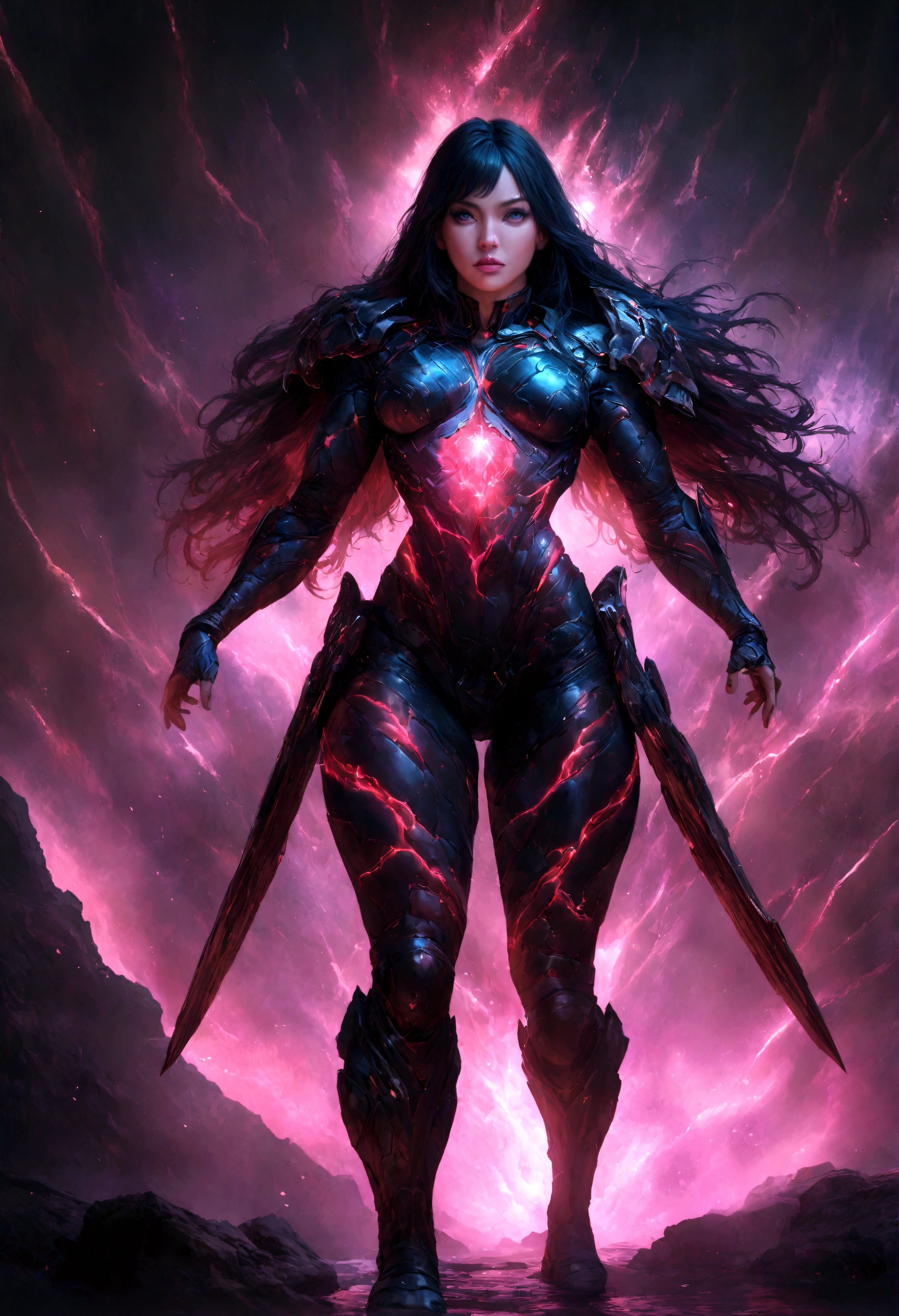 a female warrior, cosmic warrior, hyperrealistic, 8k, realistic face, beautiful detailed eyes, beautiful detailed lips, extremely detailed face, muscular body, Cosmic energy flowing through her veins, energy effects, dramatic lighting, cinematic atmosphere, vibrant colors, stylized anime art, (full body shot), anatomically correct body,