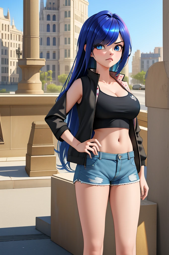 (8k, RAW photo, best quality, masterpiece:1.2), (intricate details), perfect eyes, perfect face, perfect lighting, beautiful, (masterpiece:1.2), (best quality:1.2), 1girl, solo, marinette, blue hair, ((long loosen hair, bangs over one eye )), adult torso, 19 years old, angry, huge sized breasts, ( tank top, lether jacket, short shorts), cowboy shot, 3DMM, standing, front view, 