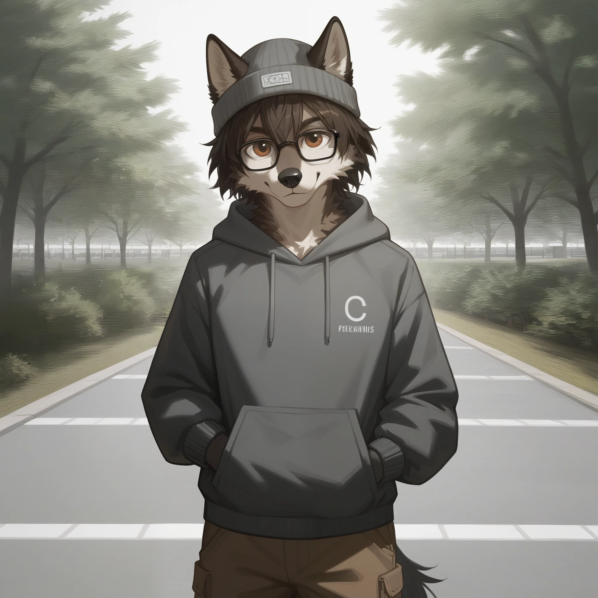 Solo, score_9,score_8_up,score_7_up, source_furry, an Anthro furry brown wolf male, brown eyes, black nose, black shaggy hair, wearing grey beanie, black glasses, grey hoodie, brown cargo shorts, one hand in pocket, offering viewer a blunt, pov, handing viewer a marijuana blunt,  standing, front view, outdoors, in a park, 