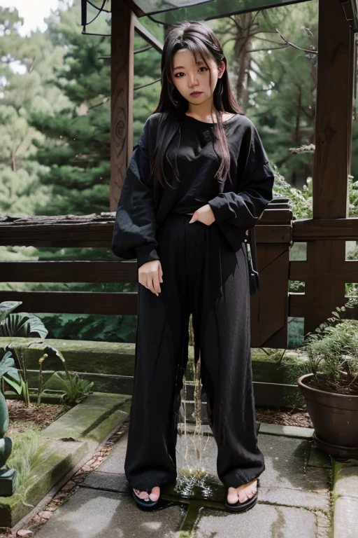 Japanese Girl sees the ghost and pees her black palazzo pants until her pants are wet in fright.