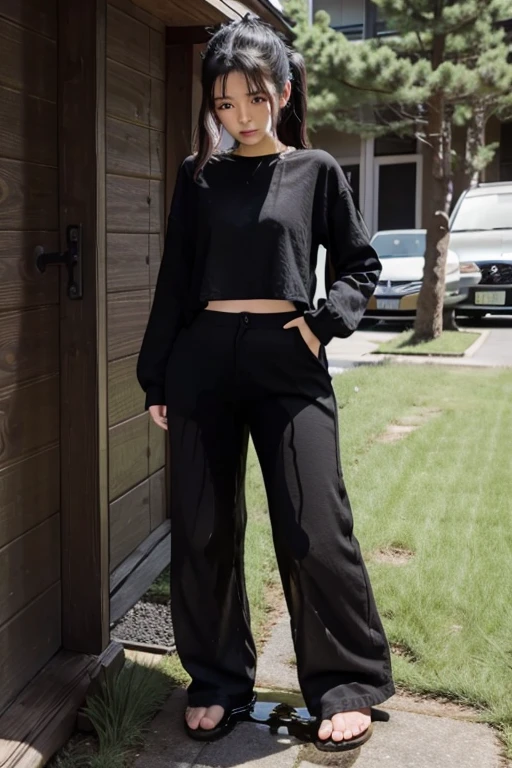 Japanese Girl sees the ghost and pees her black palazzo pants until her pants are wet in fright.