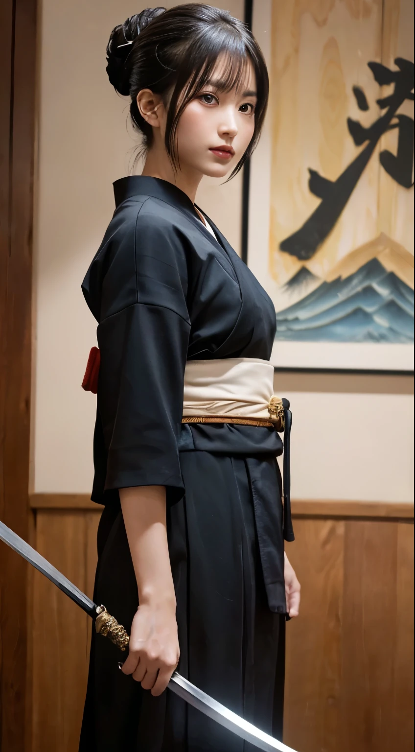 (highest quality,8K quality,masterpiece:1.3,),(超A high resolution,Photorealistic:1.4,Raw photo),(Ultra-detailed,Caustics,Perfect Anatomy),(Ultra-Realistic Capture,Beautiful and detailed skin),In town、27 years old,Black short bob,heavy,Looking into the camera,(Low angle),Warm lighting,Samurai clothing、cool、Holding a sword、Beauty、Angle of view that shows all the way to the toes、Are standing、Iaido Pose