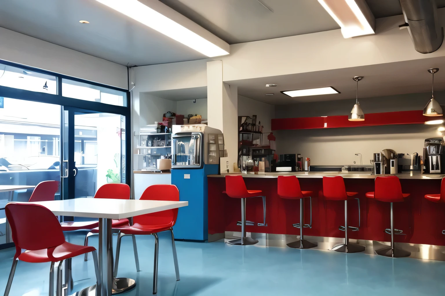 Cafe stores。Floors are blue color。White plaster walls。The counter is stainless steel。Counter chairs must be red with backrests。Retro feel。