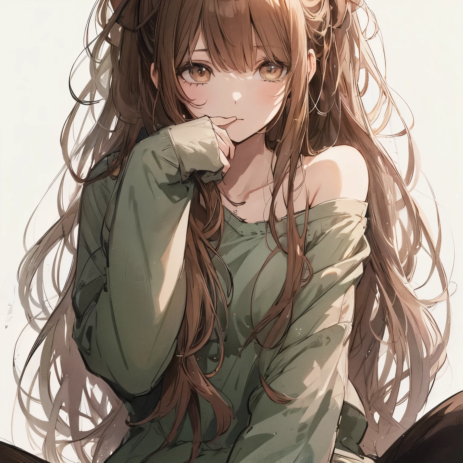Official art using high-quality hand-drawn watercolor sketch techniques. (best quality,4k,8k,highres,masterpiece:1.2),ultra-detailed,beautiful detailed brown eyes,A girl with beautiful eyes, everyone, beautiful anime girl, cute anime girl, smooth anime art, anime style, elegant colors, soft lighting, delicate beautiful wet eyes, very coquettish, (beautiful large breast:1.2), (correct hands:1.2),Cute shoulder summer clothes