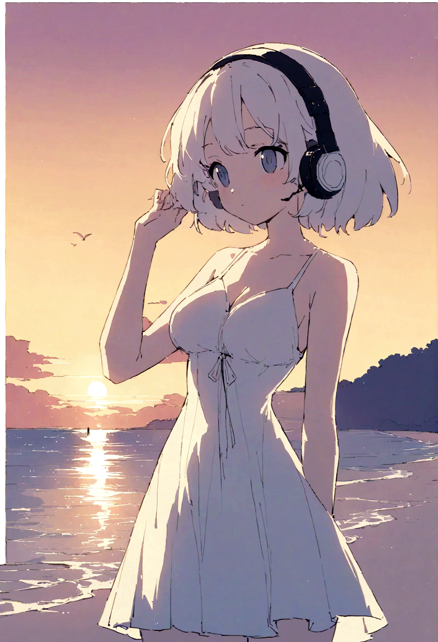 (masterpiece, highest quality: 1.2)156cm tall relaxing on the beach at Copacabana at sunset,Bust 85cm(D-Cup),Waist: 61cm,Girl with 84cm hips,Wearing a white summer dress, Use headphones, Anime-style 2D, Lo-Fi, High resolution, 16:9