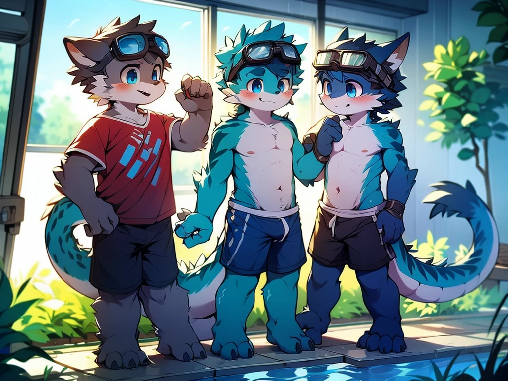 Chinese dragon boy,Gray fur,Topless, mammal, hairy,Aqua blue eyes,Blue and black gradient swimming trunks quality,black fingerless gloves,goggles,Shower room,barefoot,blush,Taking off swimming trunks