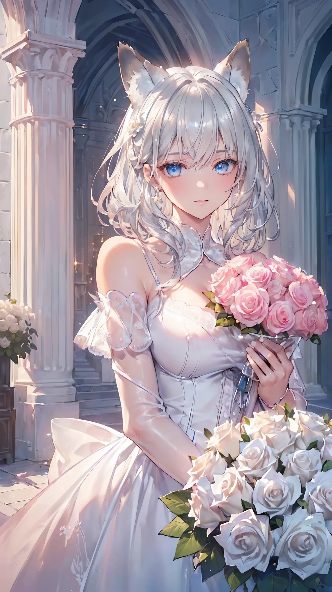 (((Masterpiece))), (((Highest quality))), ((Ultra-detailed)), ((Super fine illustration)), ((Ultra-fine painting)), (16K highest quality wallpaper:1.4), (Upper body:1.6), (Highly detailed and delicate illustration style:1.8), Detailed skin texture, Detailed cloth texture, Detailed rose flower texture, Extreme detailed description, (Highly detailed face:1.4), (Highly detailed beautiful silver fox ears:1.2), (Highly detailed beautiful silver hair:1.2), (Highly detailed, beautiful and clear eyes:1.2), Original, Intricate details, Super details, Direct light:1.6, (Perfect anatomy:1.4), (Highly detailed hands:1.2), (Highly detailed fingers:1.2), (Highly detailed fingertips:1.2), (27-years-old), Real, (Solo:1.6), ((A very beautiful and attractive silver fox female fashion model:1.4)) BRAKE (Beautiful and adorable silver fox ears:1.6), (Highly detailed and delicate silver fox ears:1.4), (Beautiful and well-shaped big breasts:1.2), (Beautiful and well-shaped buttocks), (Beautiful and shiny silver hair:1.6), (Highly detailed and delicate silver hair:1.4), (Beautiful clear blue eyes that shine with great detail:1.6), (Highly detailed and delicate blue eyes:1.2), (Highly detailed face:1.4), (Smile:1.4), (Looking at viewer:1.4), (Standing:1.4), (Celebration:1.4) BRAKE ((A beautiful and gorgeous off-the-shoulder princess dress that is detailed and delicate to be worn at celebratory occasions:1.4)) BRAKE ((Holding in both hands a large bouquet of highly detailed and delicate ((white and pink roses)):1.3)) BRAKE (Just after noon:1.4), (Celebration:1.4), ((Highly detailed and delicate white rose flower and pink rose flower garden background:1.4)), (Highly detailed and delicate royal palace courtyard background in just after noon in spring:1.4) BRAKE