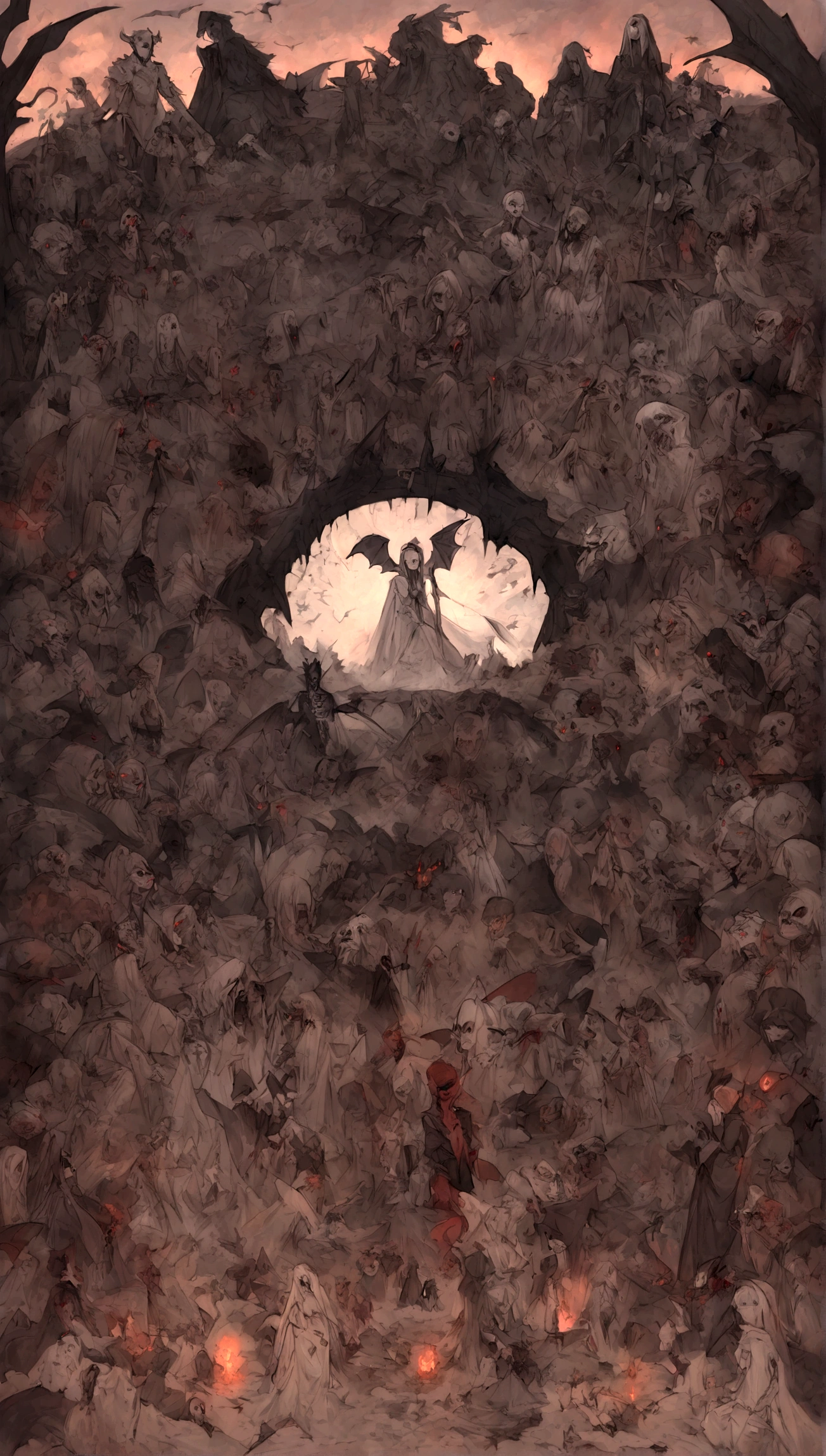 (Best quality,A high resolution:1.2),(Dark,menacing:1.1),(sinister:1.1),(Devil,satan,Lucifer:1.1),(The demons:1.1),(Ominous,Foreboding:1.1),(Powerful figure:1.1),(Red glowing eyes,Sharp teeth:1.1),(Black wings,Thick,Tattered:1.1),(Hell landscape:1.1),(Fire,brimstone:1.1),(Threatening atmosphere:1.1),(Dark shadows,Menacing presence:1.1),(Ominous clouds,Stormy sky:1.1),(Gloomy,Unforgettable mood:1.1),(Ominous aura,evil energy:1.1),(Dark aura,Smoke:1.1),(intense heat,fiery flames:1.1),(Surreal,Nightmarish vision:1.1),(Prophecy of the book of Revelation:1.1),(Twisted horns,Blazing Crown:1.1),(Ominous whisper,Evil laughter:1.1),(Screams of torment,Echoing cries:1.1),(Ominous symbols,Ancient runes:1.1),(Mystical Artifacts,Shadow artifacts:1.1),(Hell Rituals,Ritual sacrifices:1.1),(Demon Servant，,Dark creatures:1.1),(Desolate,barren wasteland:1.1),(Academy of Souls,Tormented souls:1.1),(Eternal curse,Desperate life:1.1),(The destruction of the end of the world,The world is in chaos:1.1),(Malicious intent,The embodiment of darkness:1.1),(A gateway to the underworld,Nightmare realm:1.1),(funk,terroral:sankta].