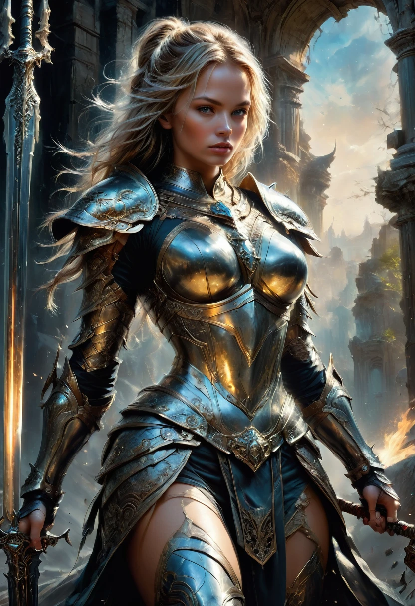 Female Warrior, by Aleksi Briclot, best quality, masterpiece, very aesthetic, perfect composition, intricate details, ultra-detailed