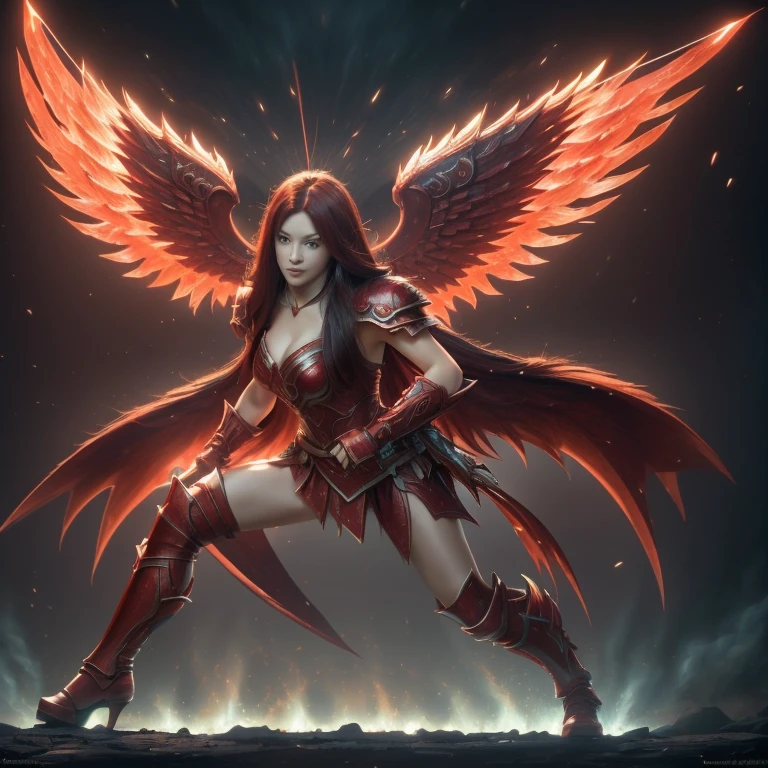 Erza Scarlet in combat stance, she wears armor with angel wings (Plateada), manos perfectas, calidad 4k, belleza, 1 chica, dos brazos, dos piernas, mejor calidad, obra maestra, ultra high resolution, (Fotorrealista:1.4), forma perfecta