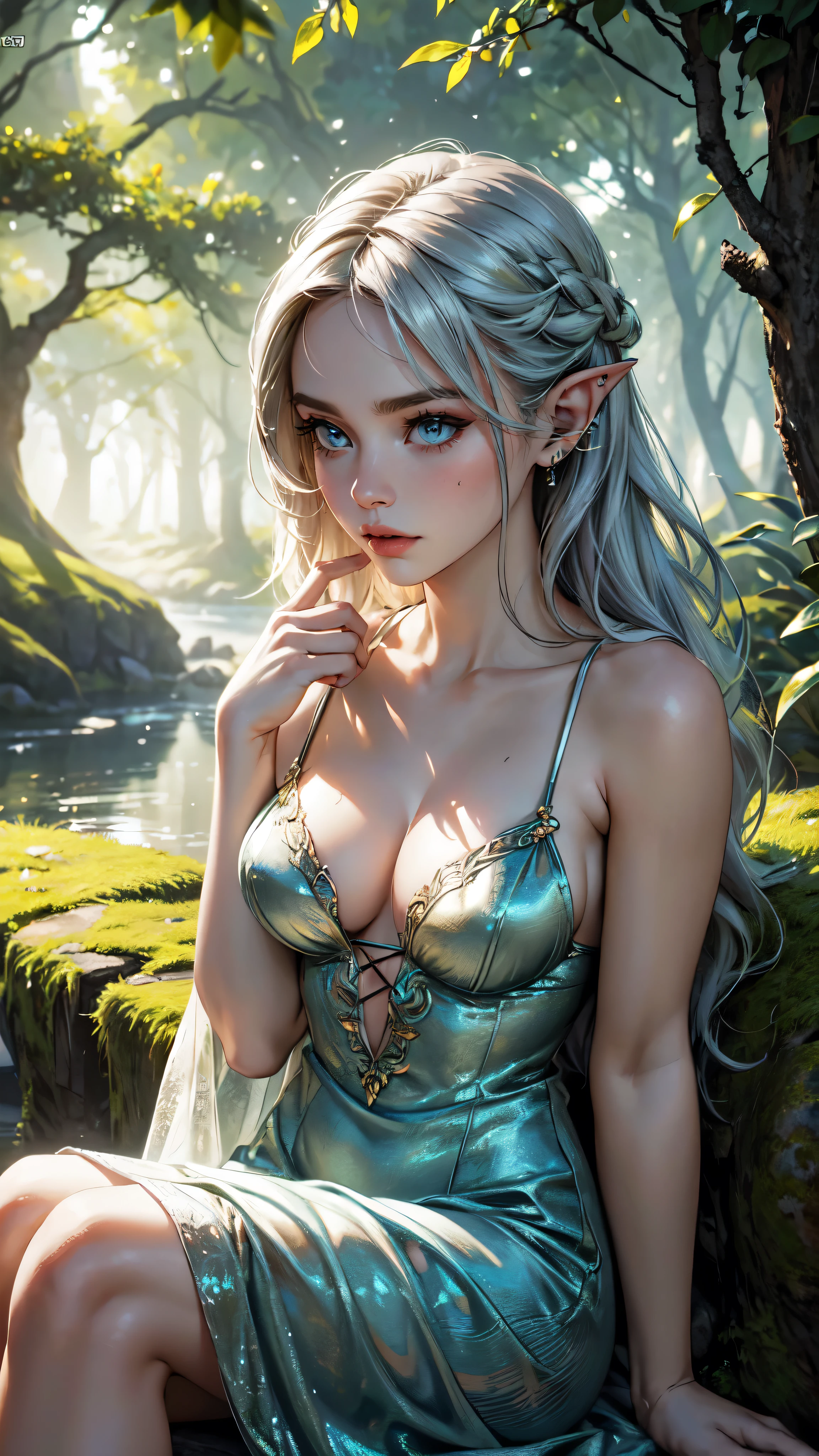A beautiful girl (model), aged 17-19. She resembles Ciri from The Witcher 3, with silver hair and a slender figure. She has elven ears with piercings. Sitting on a moss-covered boulder. She looks bored. Medium: Illustration. Additional details: The girl is wearing an elegant and flowing dress, reminiscent of fantasy fashion. The dress has intricate patterns and is made of shimmering fabric. There are delicate flowers scattered around her, complementing the enchanting atmosphere. The girl's eyes are mesmerizing, with deep blue hues that reflect her melancholy. Sunlight filters through the dense foliage of ancient trees, casting a soft, ethereal glow on the scene. The moss on the boulder adds a touch of organic texture, enhancing the natural ambiance. Image quality: (best quality, 4k, 8k, highres, masterpiece:1.2), ultra-detailed, (realistic, photorealistic, photo-realistic:1.37), HDR, UHD, studio lighting, ultra-fine painting, sharp focus, physically-based rendering, extreme detail description, professional, vivid colors, bokeh. Art style: Portraits, fantasy. Color tone: Soft and muted colors, with hints of cool blues and warm golden tones. Lighting: Soft, diffused light, casting gentle shadows on the girl's face and the surrounding environment. The sunlight creates dappled patterns through the foliage, adding a magical touch to the scene. Remember to output the Stable Diffusion prompt without any prefix., detailed face, detailed eyes, detailed skin