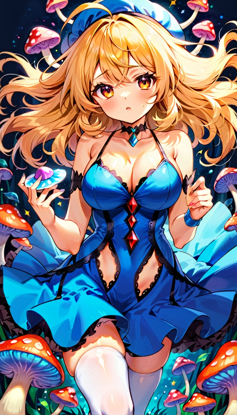 a beautiful 20 year old blonde woman with big messy hair in a blue dress, white stockings, black headband, cleavage, holding a glowing mushroom, fantasy art style, rossdraws cartoon vibrant, alice in wonderland cyberpunk, cute detailed digital art, colorfull digital fantasy art, digital fantasy art ), glossy digital painting, rossdraws pastel vibrant, rossdraws 2. 5, rossdraws 1. 0