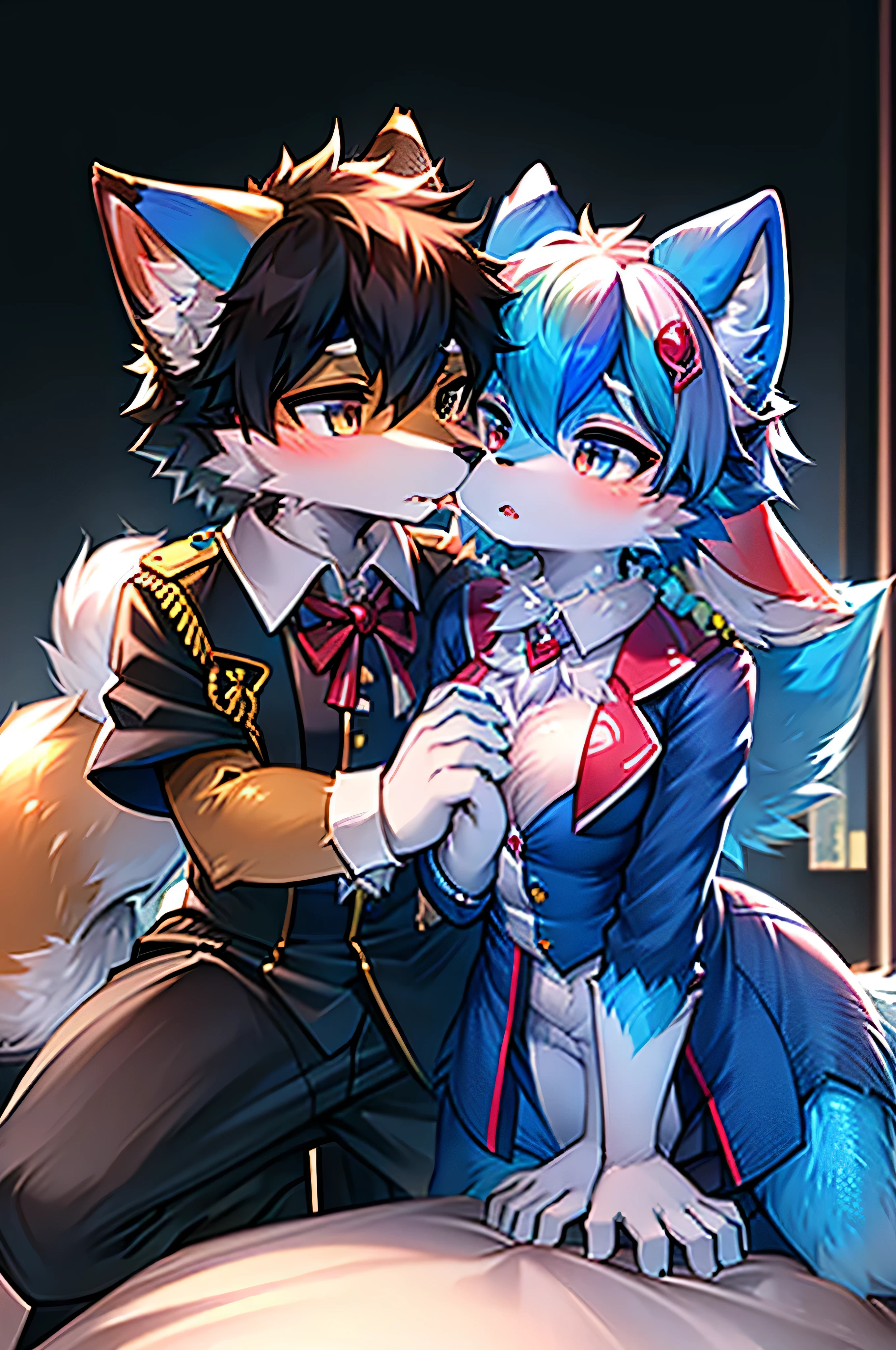 Blue fur, Canine, fox motif, Couple of girls and boys, uniform、A boy holding hands is kissing a girl,