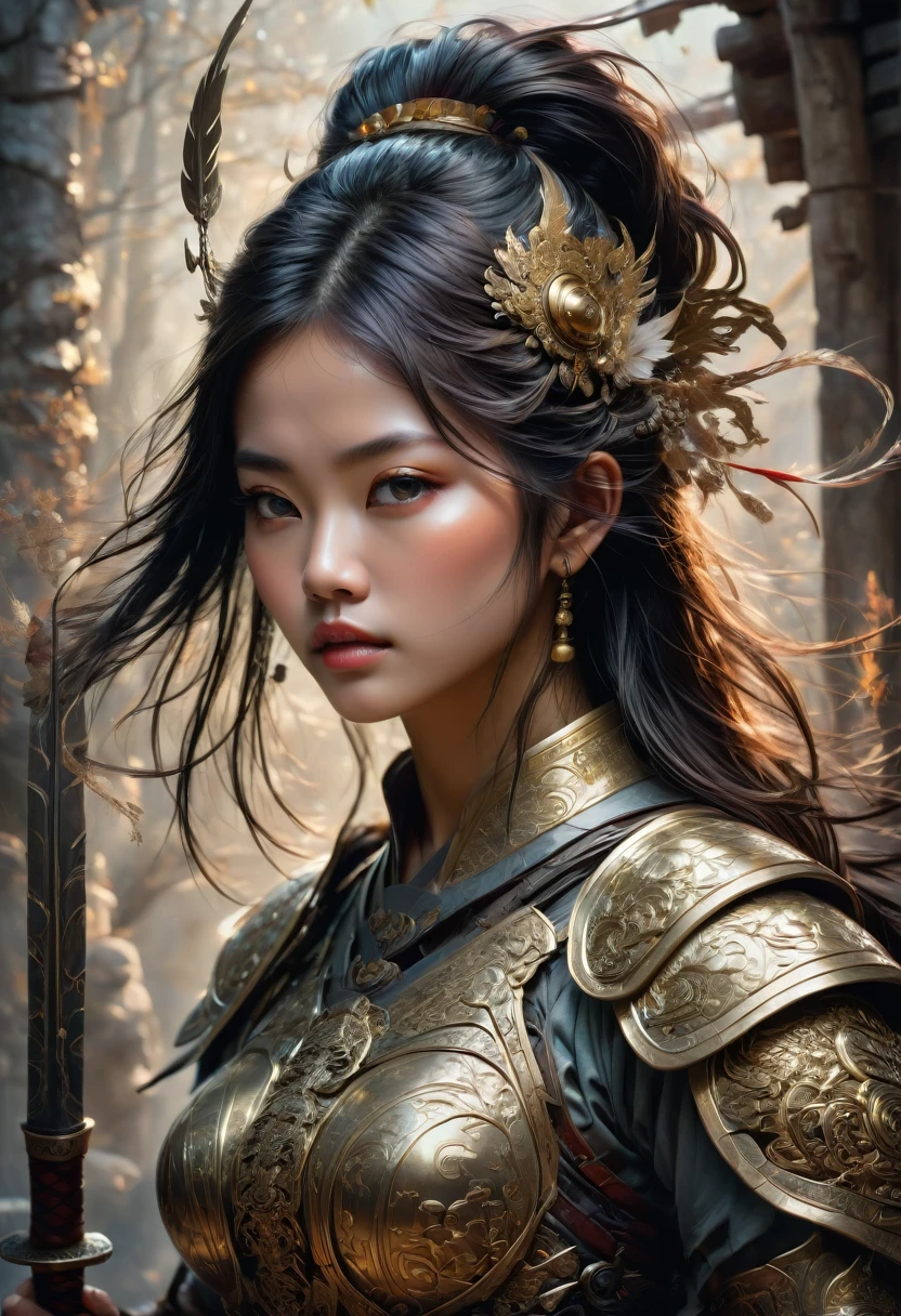Female Warrior, by Bruce Zheng, best quality, masterpiece, very aesthetic, perfect composition, intricate details, ultra-detailed