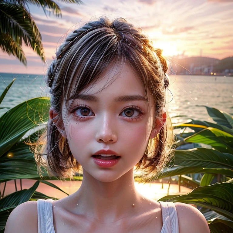 (Acutance:0.85), Masterpiece of 8K Ultra-detailed, Volumetric lighting, (RAW photorealistic:1.37), Tiny girl wearing tube-top dress、Tropical Beach、evening、Stroll along the beach、(Gazing at the sunset, colorful sky)、(Orange rays illuminating face, close-up:1.4), Gust of wind . (((Extremely detailed NOGIZAKA face))), perfect anatomy, Childish, captivating gaze, elaborate detailed Eyes with (sparkling highlights:1.3), long eyelashes、Glossy RED Lips with beautiful details, Coquettish tongue, Rosy cheeks, ((Radiant natural skin) with clear transparency) . { (Dynamic joyful expressions) | (:d) }, (Light Particle;1.25, God rays), (no Large eyes).