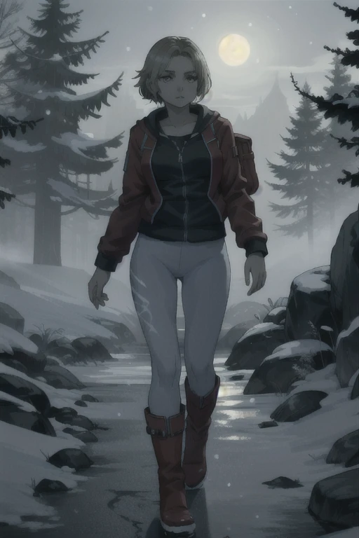((Best quality)), ((Masterpiece)), (detailed), (4K quality), (Detailed face:1.2), (Detailed eyes:1.2), (Perfect figure:1.2), 1girl, UDSam, solo, short hair, blonde hair, (Wearing: Red jacket, white leggings, snow boots and backpack), dark, gloomy dramatic, spooky lighting with lot of fog, foggy and snowing weather snowy, blizzard, walking in a forest, night time with huge white moon