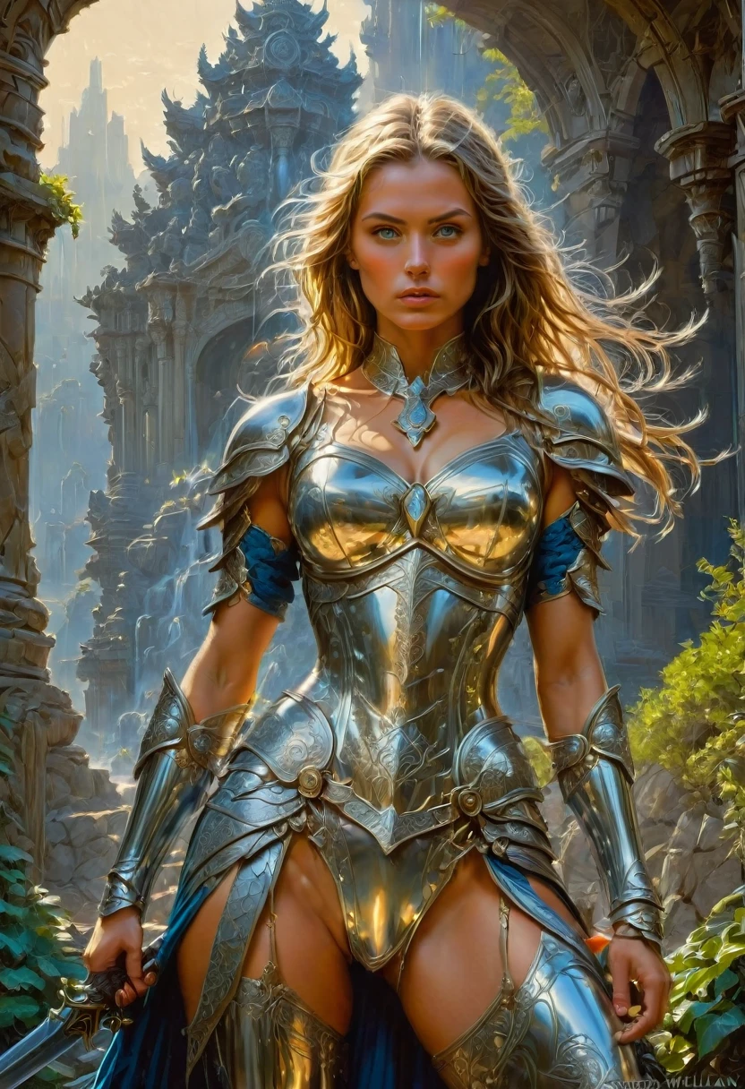 Female Warrior, by Michael Whelan, best quality, masterpiece, very aesthetic, perfect composition, intricate details, ultra-detailed