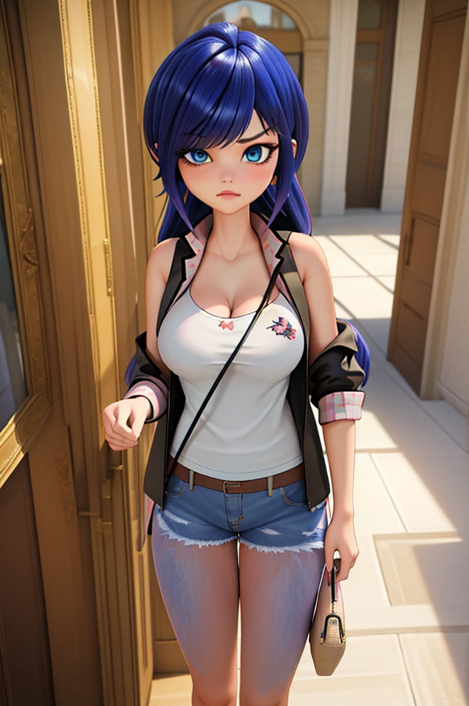 (8k, RAW photo, best quality, masterpiece:1.2), (intricate details), perfect eyes, perfect face, perfect lighting, beautiful, (masterpiece:1.2), (best quality:1.2), 1girl, solo, marinette, blue hair, ((long loosen hair, bangs over one eye )), adult torso, 19 years old, angry, huge sized breasts, ( tank top, denim jacket, short shorts), cowboy shot, 3DMM, standing, front view, 