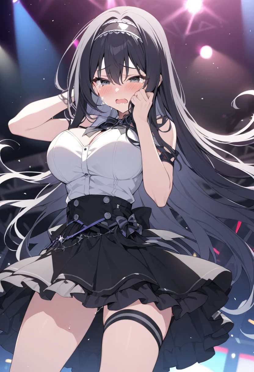 black eyes ,black hair, long hair, hairband,, large breasts,, Live Stage, solo, crying