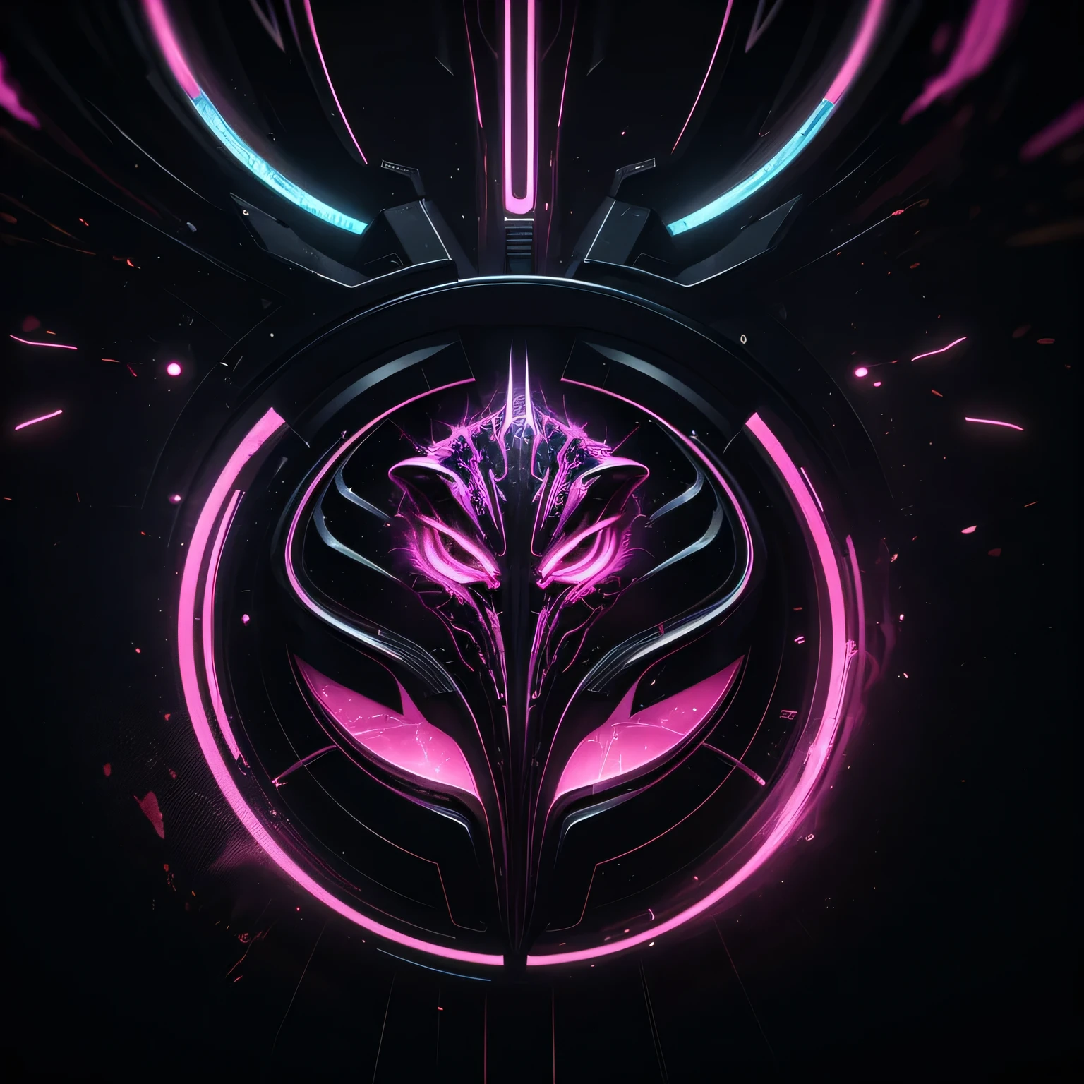 Centralized vectorized logo design illustration, [chrome oil painting psychedelic alien], black and pink background with sparks, best quality, perfectly textured, dramatic lighting, high quality, perfectly textured, octane render 8K